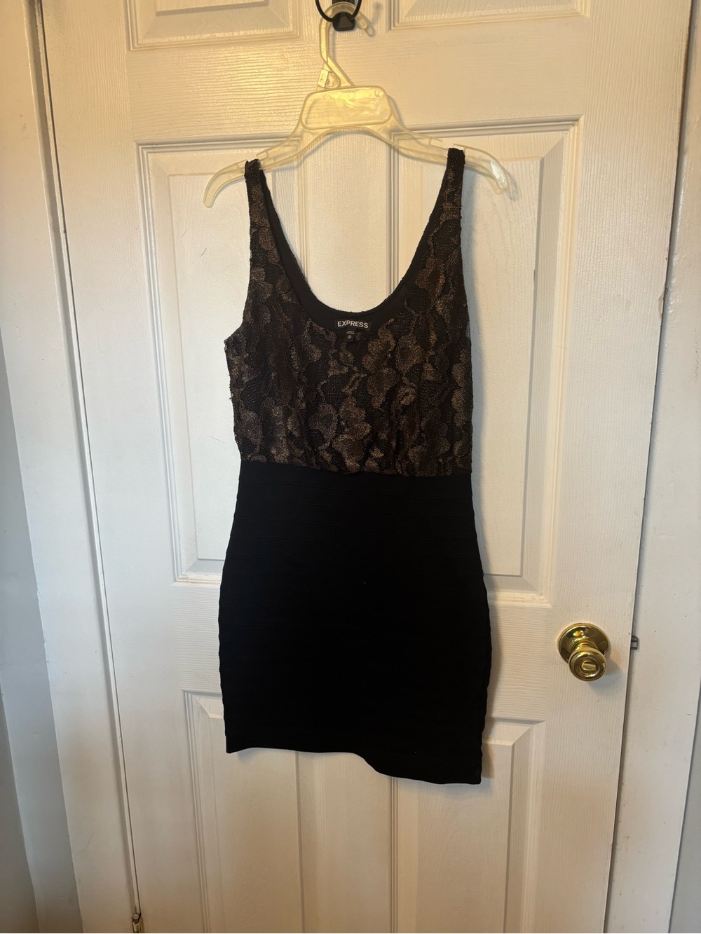 Express Black Dress with Metallic Gold Floral Lace